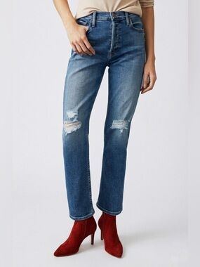 072 MOTHER Women's Tomcat Ankle Roughing It Distressed Straight Cut Jeans, Sz 25